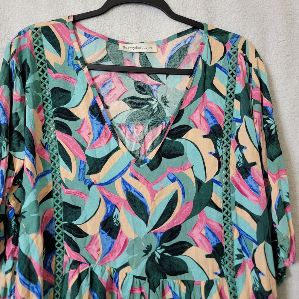 Rusttydustty Shift Dress Womens 2XL‎ Florals Hawaiian V-Neck Boho Tunic Babydoll